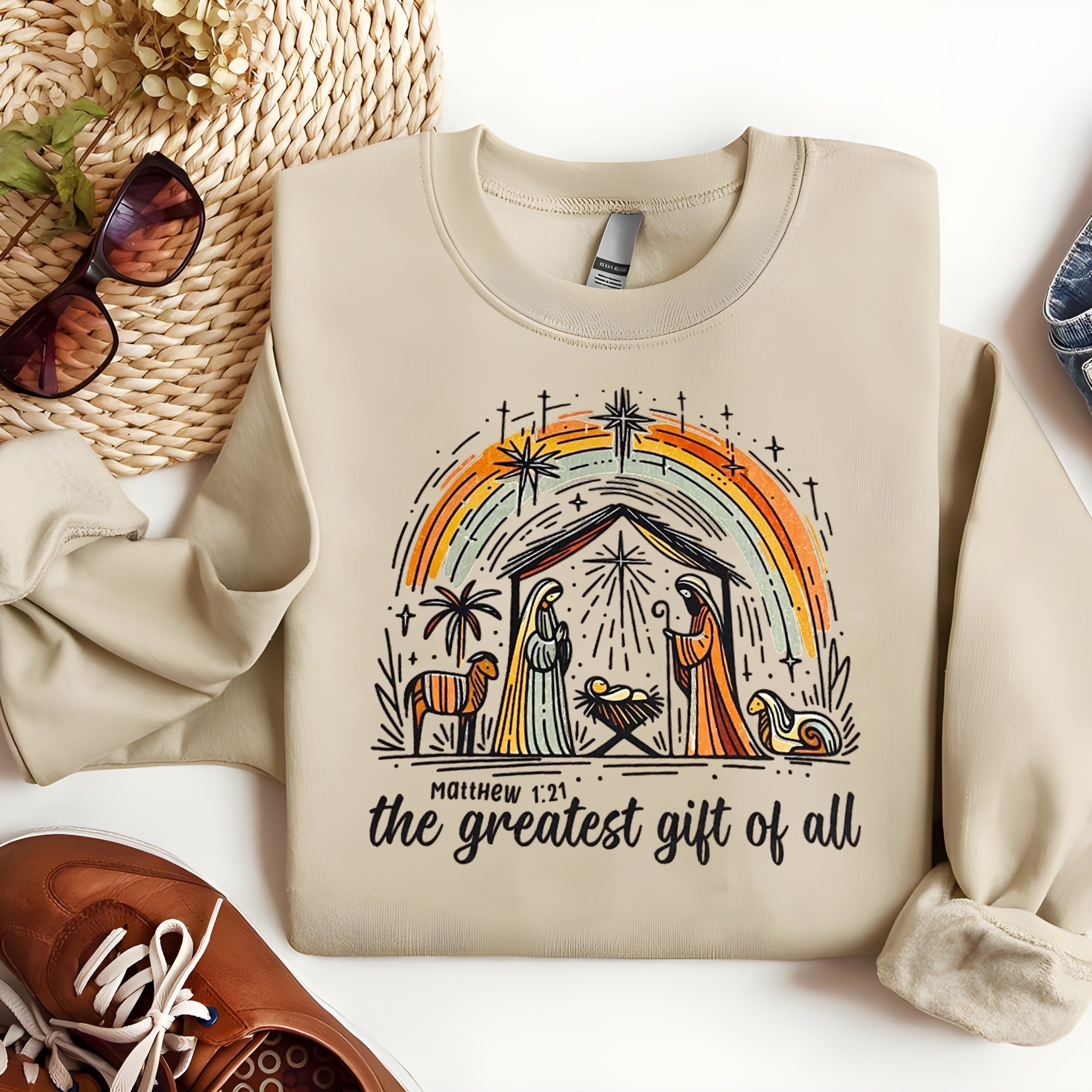 Nativity Scene Christian Christmas Sweatshirt, Matthew 1:21 Bible Verse Pullover, Greatest Gift of All Religious Crewneck